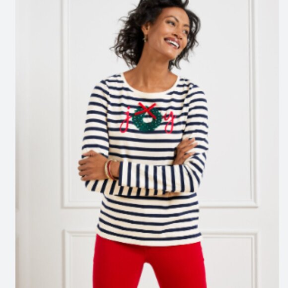 Talbots Striped Christmas Wreath Beaded Red Velvet Crew Neck Tee Long Sleeve Sp - Picture 1 of 6